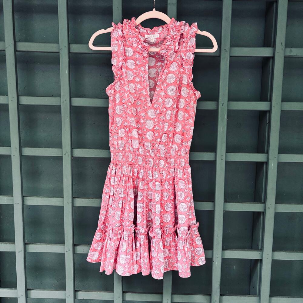 Anna Cate Morgan Dress Pink Floral Smocked Mini cotton Ruffle Sz S boho coastal - Picture 2 of 7